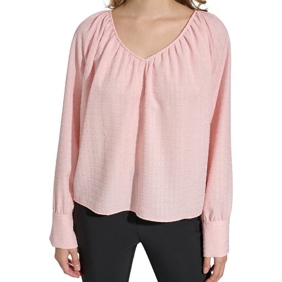Calvin Klein Blouse Light Pink Textured Woven V-Neck Long Sleeve Women’s Medium - Picture 1 of 12
